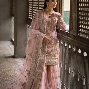Bridal Gharara Set – Pink & Gold Elegance with Exquisite Hand Embellishments