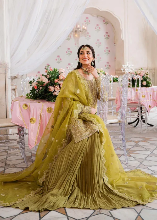 Mehndi Green Embroidered Pakistani Wedding Dress – Kameez Gharara with Organza Dupatta - Image 2