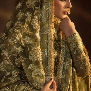 Mehndi Green Embroidered Pakistani Wedding Dress – Kameez Gharara with Organza Dupatta