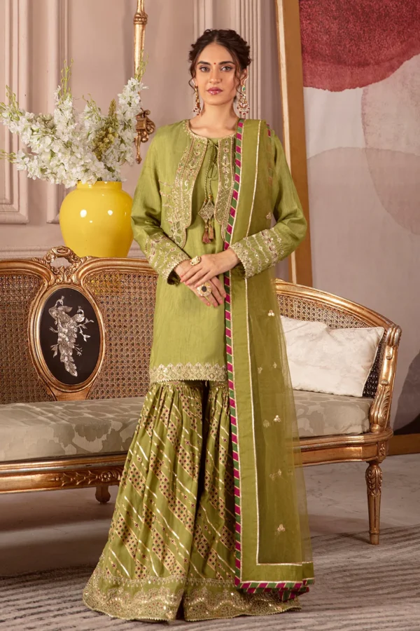 Mehndi Green Embroidered Pakistani Wedding Dress – Kameez Gharara with Organza Dupatta - Image 3