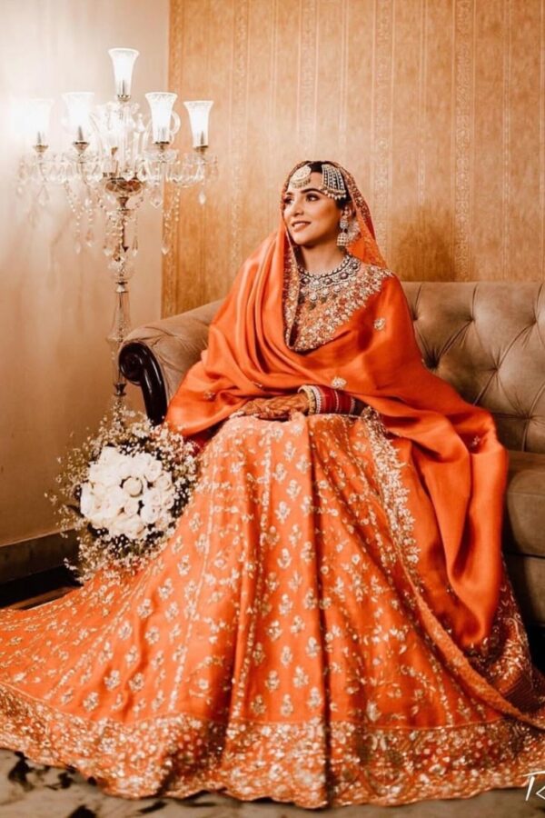 Wedding Bridal Lehenga – Orange & Light Red with Exquisite Handcrafted Embellishments - Image 2
